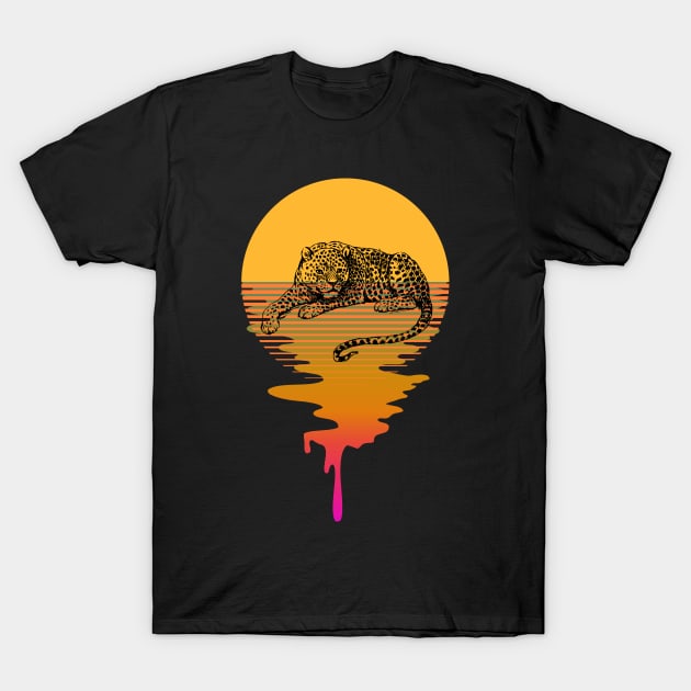 Retro Leopard On A 80's Sun Background T-Shirt by iZiets